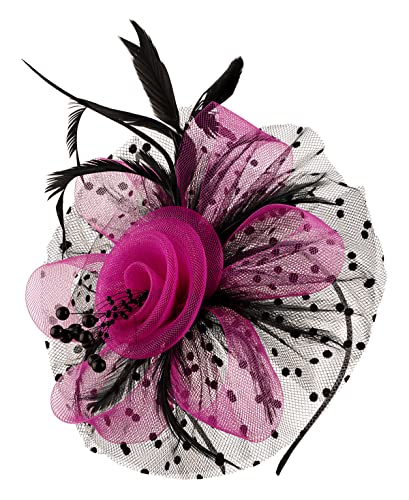 Kentucky Derby Fascinators for Women High Tea Party Hat Wedding Cocktail Flower Headware with Mesh and Feathers - color: Rose&black