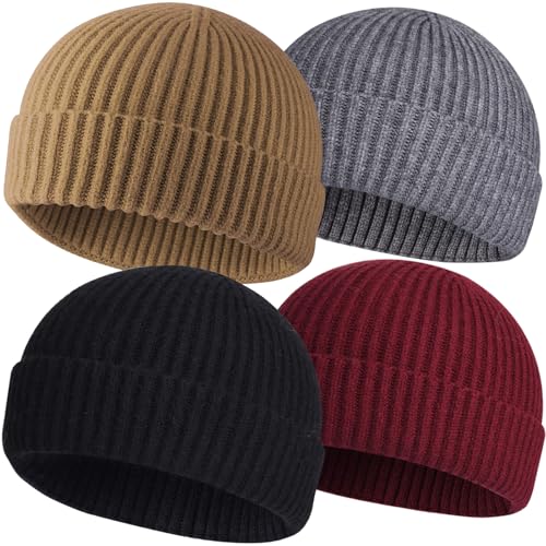 ROYBENS Wool Fisherman Beanies for Men Knit Short Watch Cap Winter Warm Hat - color: 4pcs-black, Gray, Wine Red, Light Coffee