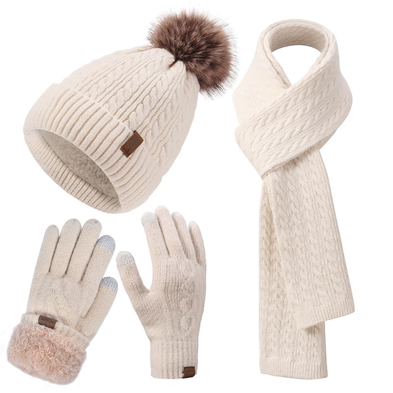 Winter Hat Scarf Gloves Set for Women, Classic Cable Beanie with Removable Pom Pom Long Scarf Touchscreen Gloves 3 in 1 Set - color: Beige