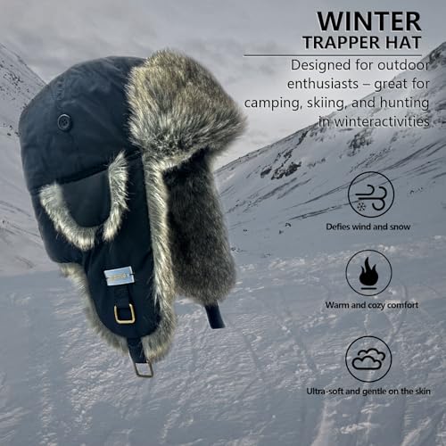 Winter Trapper Hat for Men and Women,Russian Ushanka Aviator Warm Cold Proof Ski Hunting Cycling Winter Hats - color: Black Taslan Faux Fur, size: XX-Large-3X-Large