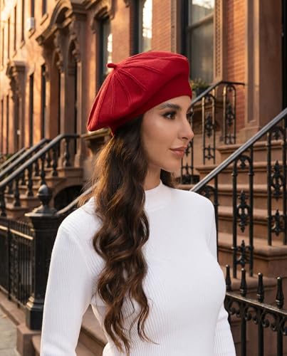 Women's Knitted Beret, French Style Double Layer Winter Autumn Warm and Soft Beanie Hat Cap - color: Z-red