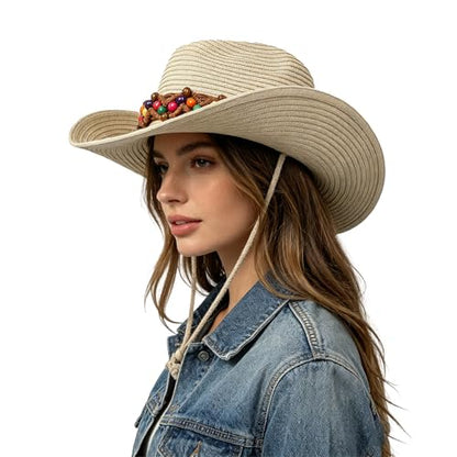 Unisex Straw Cowboy Hat Wide Brim Western Sun Hat Adjustable Beach Cowgirl Hat for Summer Outdoor Sun Protection - color: Beige,woven Strap