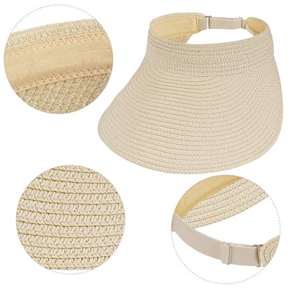 Straw Sun Visors Womens, Ponytail Beach Straw Visor, Packable Summer Sun Hats for Women Travel - color: Beige