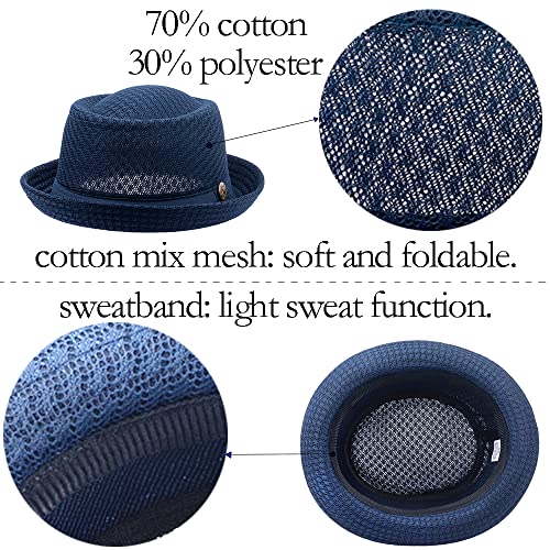 Summer Mesh Pork Pie Hat,Men Women Straw Fedora Cap,Lightweight Bowler Cap - color: White+navy Blue