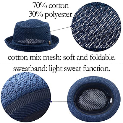 Summer Mesh Pork Pie Hat,Men Women Straw Fedora Cap,Lightweight Bowler Cap - color: White+navy Blue