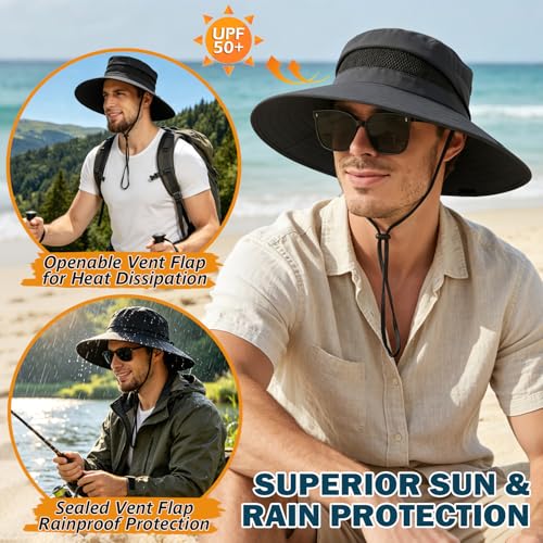Men's UPF 50+ Waterproof Wide Brim Boonie Hat, Sun & Rain Protection - color: Black