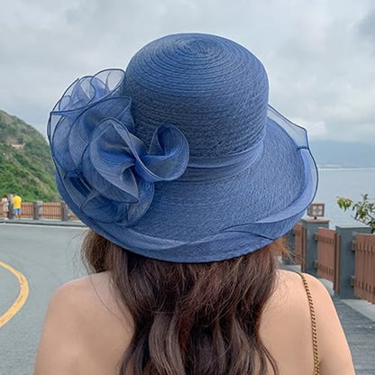 Women Kentucky Organza Derby Hat - Wide Brim Summer Sun Hat for Bridal Wedding Church Tea Party - color: Blue