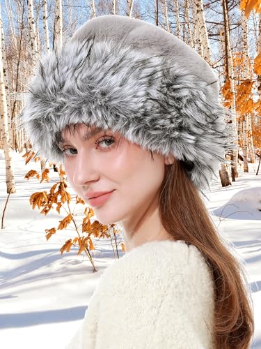 sy soul young Women's Leopard Faux Fur Hats Fluffy Bucket Hat Russian Style - color: Gray and Black Tips
