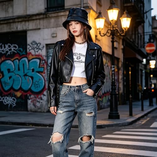 MILAKOO Pu Leather Bucket Hat for Unisex Reversible Fishing Cap Metallic Retro 80s 90s Fisherman Hat - color: A: Black
