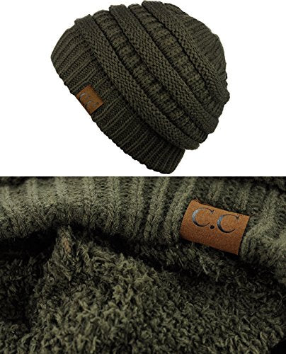 C.C Unisex Chunky Soft Stretch Cable Knit Warm Fuzzy Lined Skully Beanie - color: Dark Olive