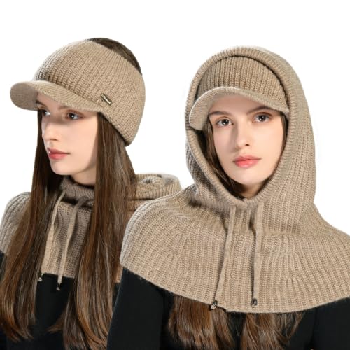 jaxmonoy Winter Knit Balaclava Beanie Hats and Scarf Set for Women - color: Brown