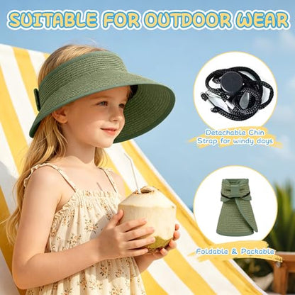 Girls Sun Visor Hat with Ponytail Hole Wide Brim Beach Straw Visor UPF 50+ - color: 1pack-grayish Green