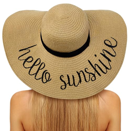 Sun Beach Straw Hats for Women, Summer Wide Brim Hat - color: Dark Khaki(hello Sunshine), size: Large