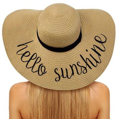 Sun Beach Straw Hats for Women, Summer Wide Brim Hat - color: Dark Khaki(hello Sunshine), size: Large