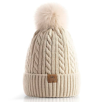 PAGE ONE Women Winter Pom Pom Beanie Hats Warm Fleece Lined Knit Hat Chunky Trendy Cute Cap - color: Beige-1