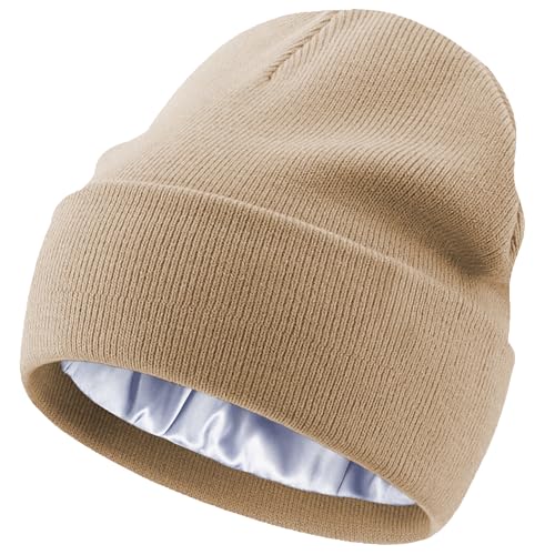 Satin Lined Knit Beanie Hat-100% Cotton Winter Hats for Women Men - color: 1-khaki