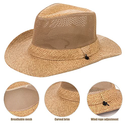 Wide Brim Straw Panama Hat Fedora Beach Sun Hat UPF50+ Unisex Fishing Hats - color: Khaki