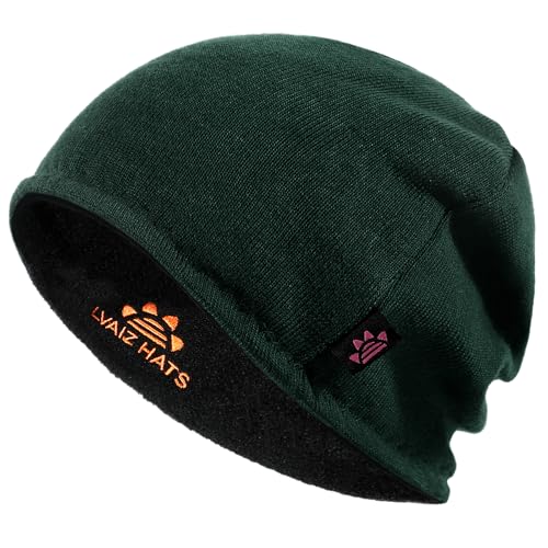 Lvaiz Winter Fleece Lined Beanie Hat for Men Women Reversible Skull Cap - color: Dark Green+black