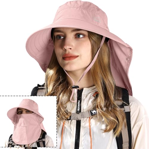 Rosoz Sun Hat for Men Women with Neck Flap& Removable Face Cover Wide Brim - color: 1pack-pink