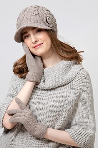 Womens Winter Elegant Cable Flower Knitted Newsboy Cabbie Cap Beret Beanie Hat with Visor, Warm Plush Fleece Lined - color: Dk. Beige Cable Flower-hat Gloves Set