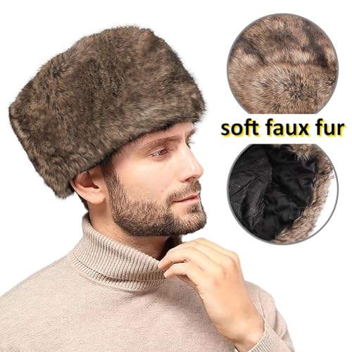 Men Winter Trapper Hat Faux Fur Russian Trooper Hat Furry Ushanka Hat Warm Dad Hat Outdoor Windproof Hunting Ski Cap - color: Brown
