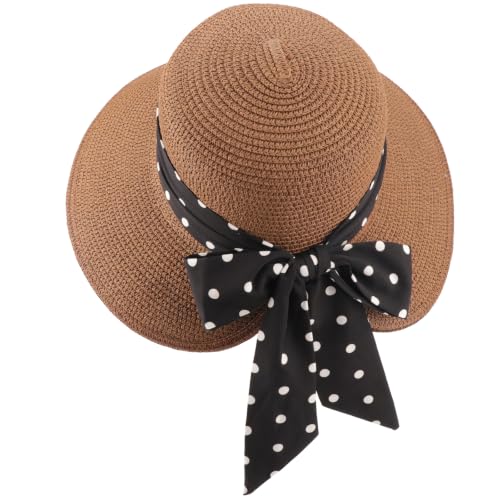 AQOKKA Women Sun Hats Straw Wide Brim Bowknot Bucket Cap Floppy Foldable Summer Beach Hats for Women Outdoor UPF 50+ - color: 1 Pack Beach: Coffee With Black Bow