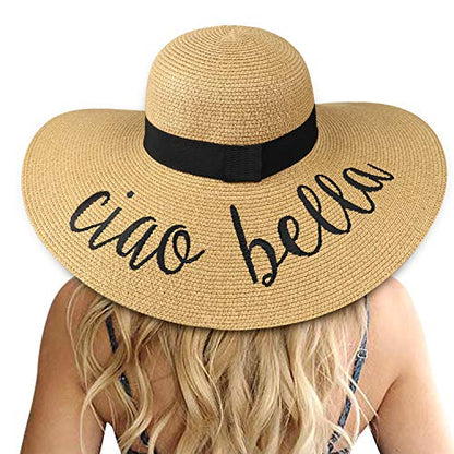 DRESHOW Big Straw Sun Hats for Women Floppy Foldable Roll up Beach Cap Sun Hat UPF 50+ Vacation Honeymoon Embroidered Hat - color: Ae Ciao Bella: Khaki