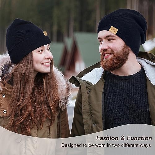 Mens Beanie Merino Wool Warm Hats for Women Men Knit Slouchy Double Layer Warm Cuffed Skull Beanie Skiing Skating Black