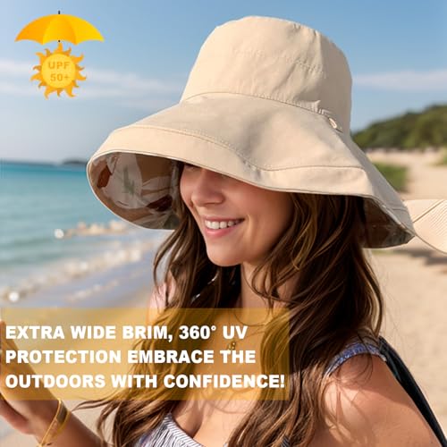 Wide Brim Sun Hats for Women UV Protection Reversible Bucket Hat Foldable Beach Hats Summer Hat for Garden Travel - color: Khaki Petals