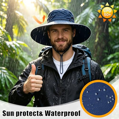 Mens Sun Hat Wide Brim Sun Hats for Men UV Protection Waterproof Bucket Hat - color: Blue