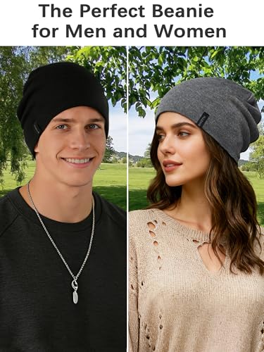 Wool Blend Thin Beanie for All Season, 2 Pack Lightweight Slouchy Knit Beanie Hats Sleep Cap - color: Black/Graphite