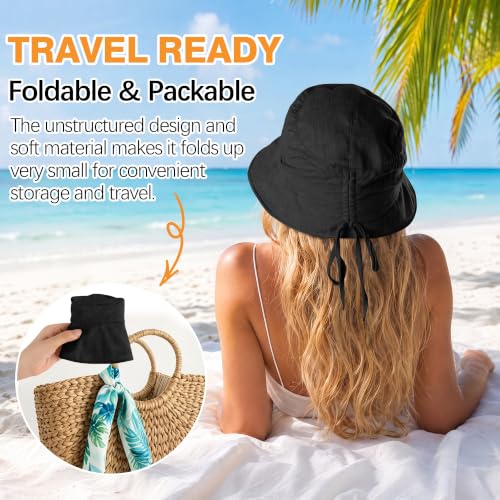 Linen Blend Ruched Bucket Hat Ultra-Light Breathable Sun Hat - color: Black