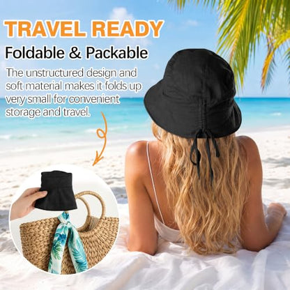 Linen Blend Ruched Bucket Hat Ultra-Light Breathable Sun Hat - color: Black