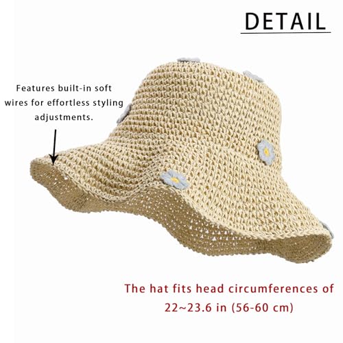 MILAKOO Crochet Bucket Hat Knit Braided Floppy Soild Color Cap for Women Foldable Sun Bowler Hat - color: B1: Floral-beige