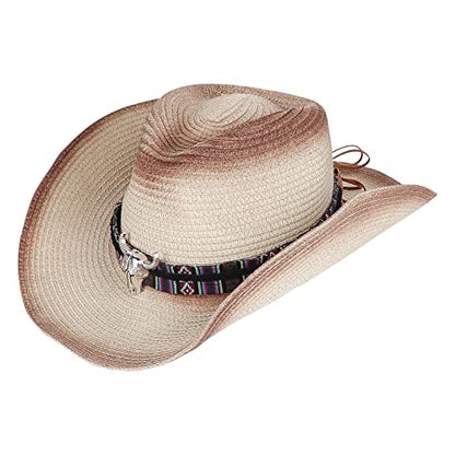 Straw Cowboy Sun Hat for Men Women Summer Fedora Beach Panama Western Cap - color: Coffee