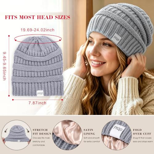 FEQO 4 Pack Satin Lined Beanies Slouchy Beanie Oversized Cable Knit Caps - color: Black, Pink, Light Grey, Beige