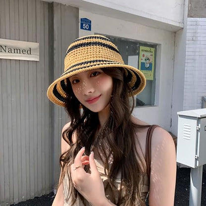 Gogobear Summer Straw Sun Hat for Women Outdoor Striped Beach Bucket Hat - color: Khaki