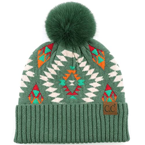 C.C Fur Pom Winter Fall Trendy Chunky Stretchy Cable Knit Beanie Hat - color: Aztec Forest Green