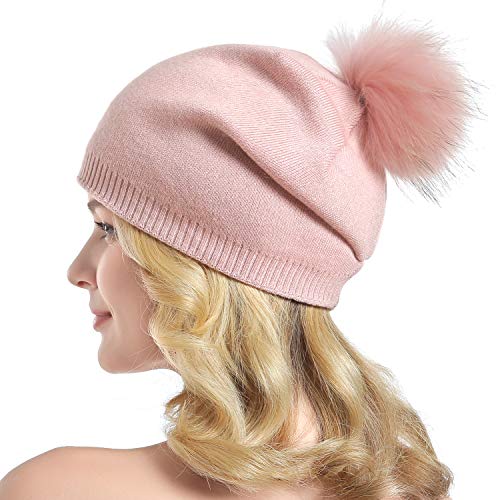 Women Knit Wool Beanie - Winter Fashion Solid Wool Hats Real Removable Raccoon Fur Pom Pom Warm Ski Beanie - color: 12- Single Pink