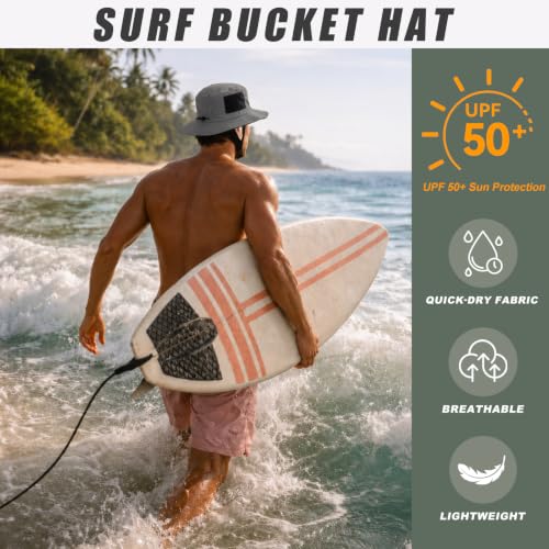 Surblue Surf Bucket Hat with Widened Chin Straps UPF 50+ Windproof Sun Hat Adjustable Packable Cap for Water Sports Surfing - color: Darkgray