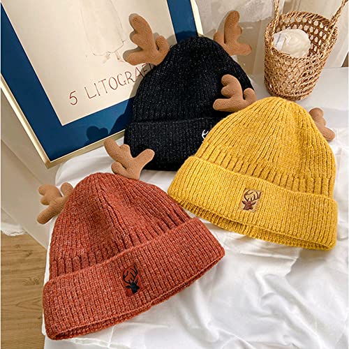 RARITYUS Women Warm Hat Cute Reindeer Antlers Knitted Winter Hats Crochet Earflap Knit Cap Beanie for Adults Kids - color: Caramel