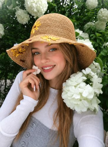 Natural Raffia Straw Bucket Hat for Women Sun Beach Handmade Raffia Woven Bucket Hat Foldable Summer Cap - color: Natural （sunflower）