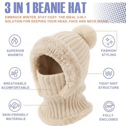 AQOKKA 3 in 1 Knit Fleece Lined Beanie Hat with Scarf and Mask Warm - color: Beige