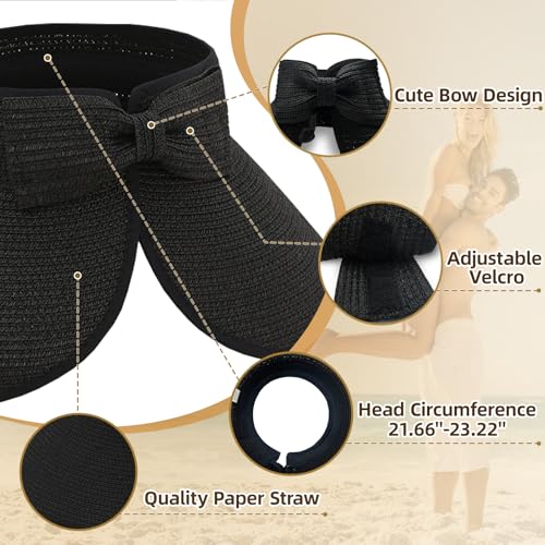 Sun Hats for Women Wide Brim Straw Sun Visors Ponytail Hat - color: Black