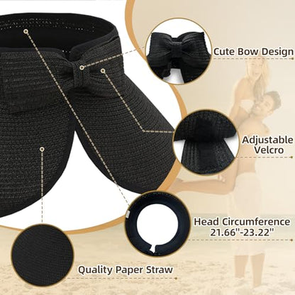 Sun Hats for Women Wide Brim Straw Sun Visors Ponytail Hat - color: Black