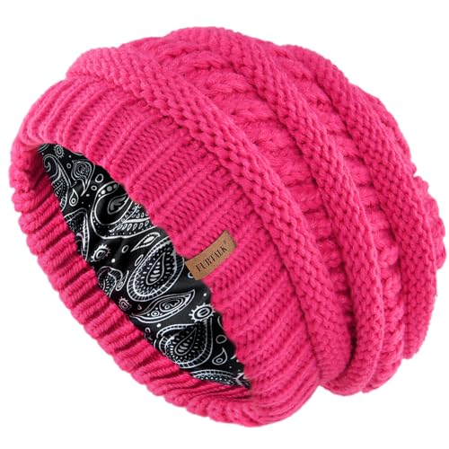 FURTALK Winter Beanie Hat for Women Satin Lined Cable Knit Chunky Slouchy Beanies Skull Warm Cap - color: Rose