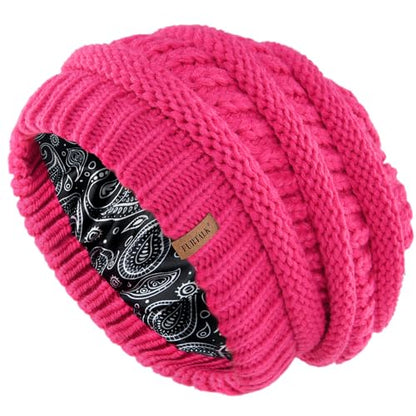 FURTALK Winter Beanie Hat for Women Satin Lined Cable Knit Chunky Slouchy Beanies Skull Warm Cap - color: Rose