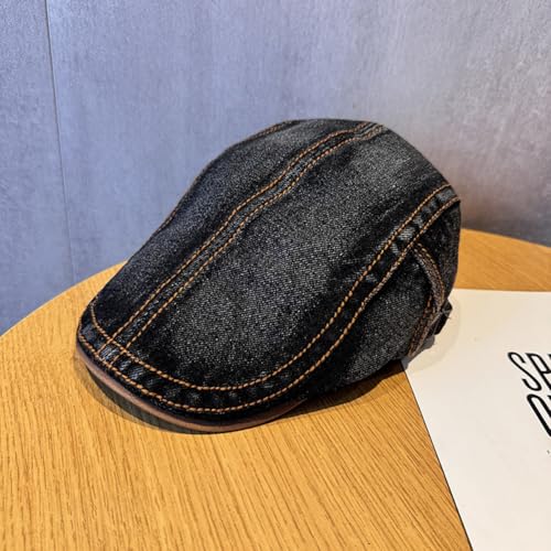 QHFHULV Newsboy Cap for Men Cotton Flat Gatsby Ivy Golf Cabbie Driving Hat - color: Denim Black