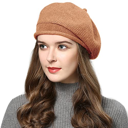 French Style Beret Hat for Women Winter Fall Knit Artist Hats Classic Solid Color Beanie Hat - color: Camel