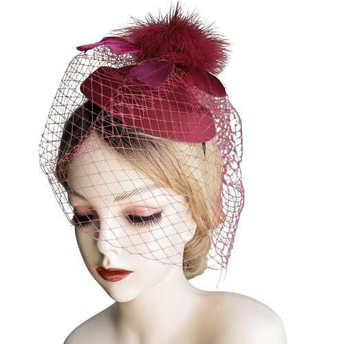 Fascinator Hats for Women Tea Party Veil Feather Fancy Pillbox Hat 20s 50s - color: Wine Red